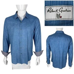 ROBERT GRAHAM Mens Large Shirt Blue Long Sleeve Cotton Linen Blend Classic EUC